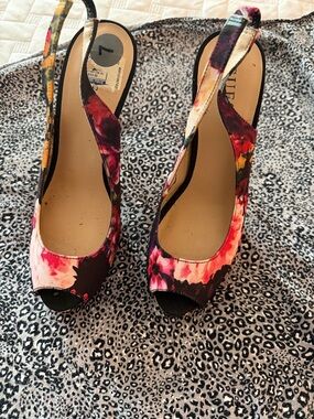 Guess Floral Slingback Peep-Toe Heels - Pink, Black, Yellow